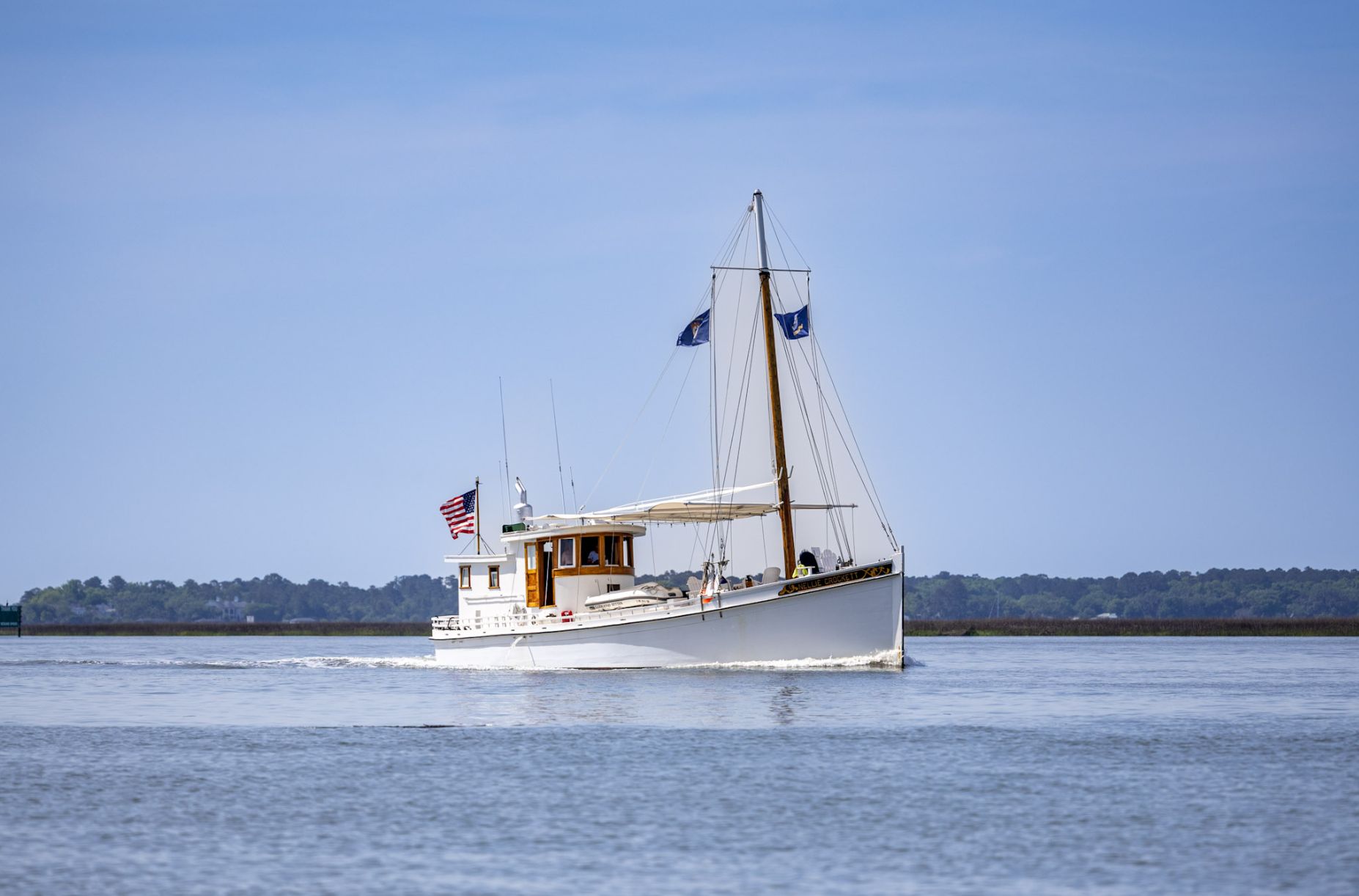 The historic buy boat Nellie Crockett underway on the river near Savannah